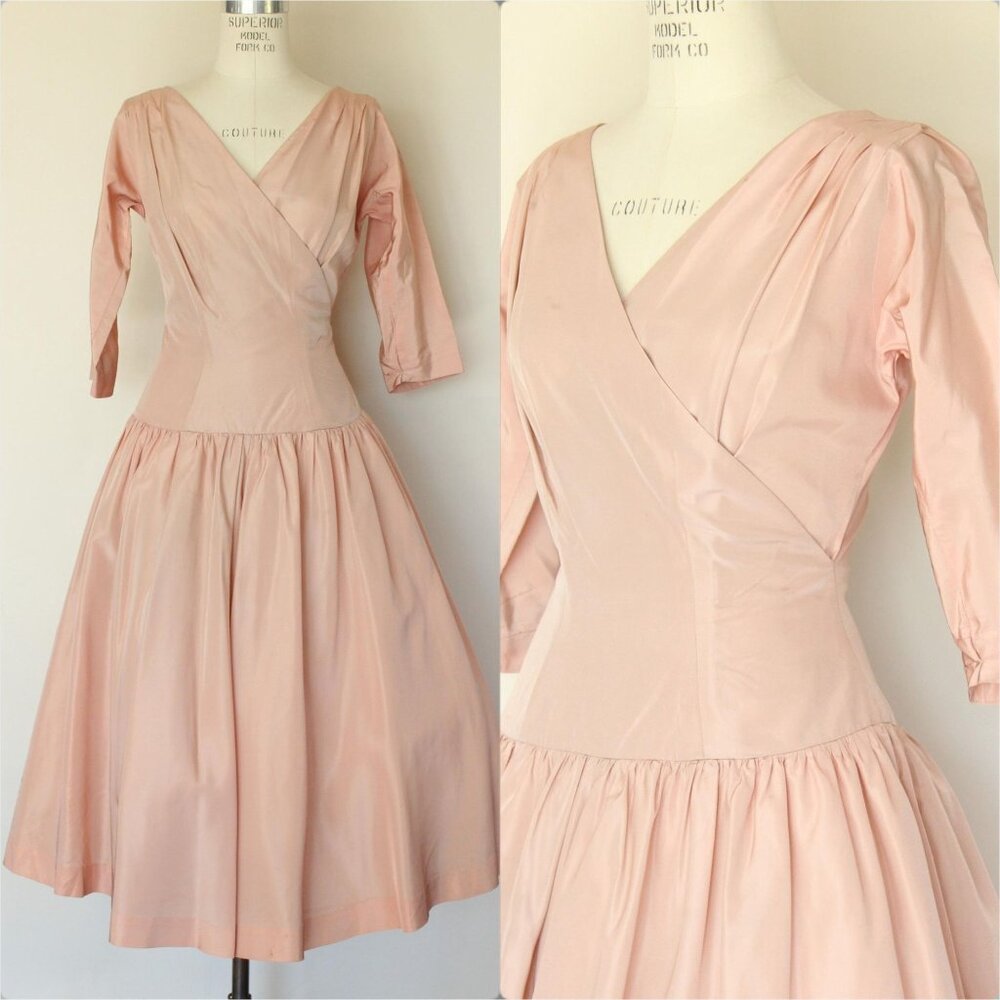 Vintage 1950s Dress, Daryl Pink Taffeta Dress, Fit and Flare with Full Skirt